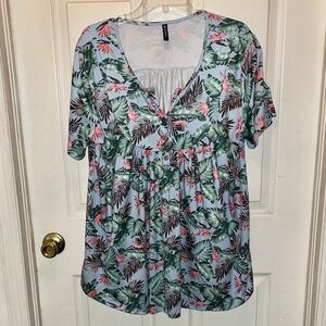 ALLEGRACE Women’s Short Sleeve Tropical Print Top. Sz 2X.